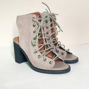 Jeffrey Campbell x Free People Minimal Lace Up Bootie Heels 7 Light Gray Suede